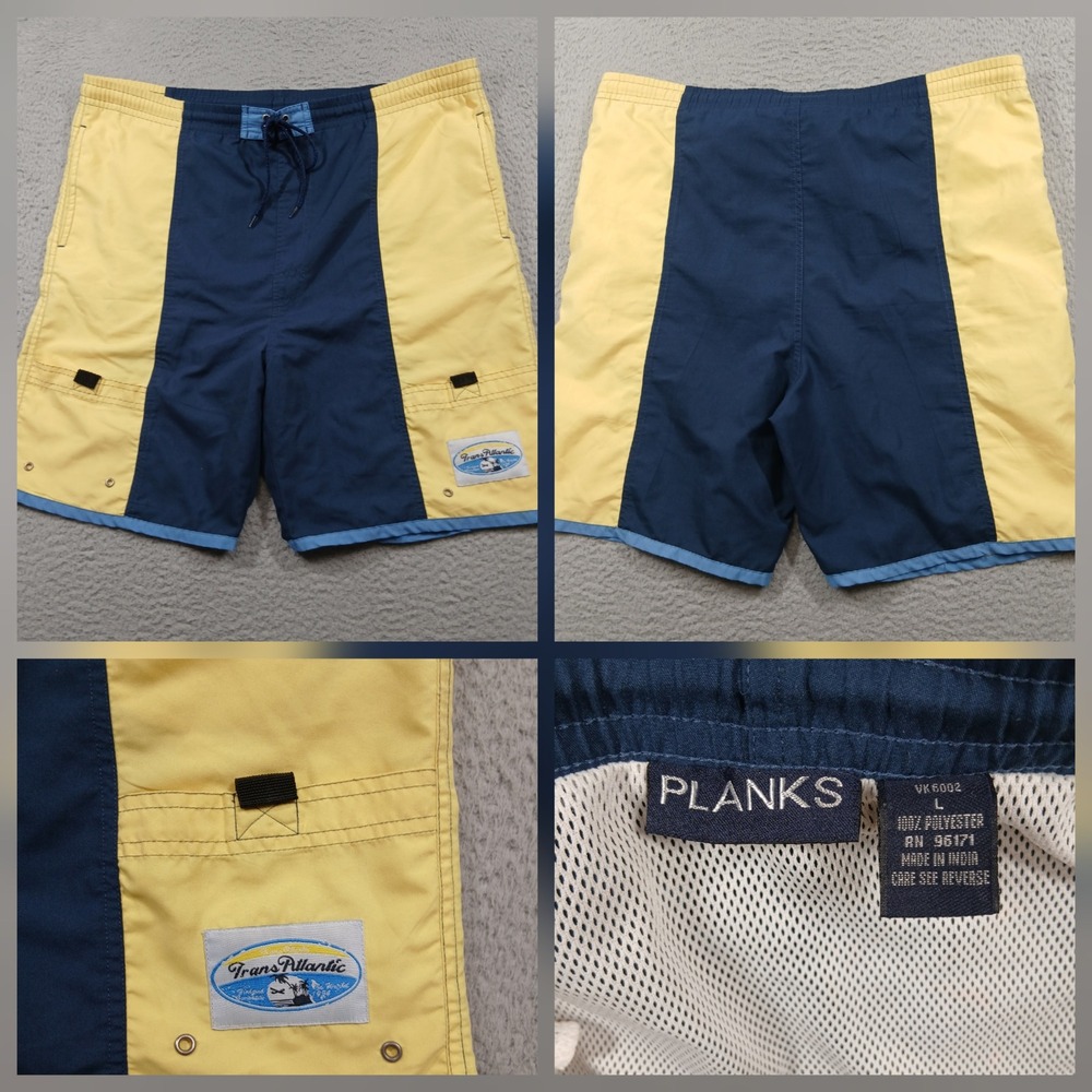 Planks TransAtlantic Colorblock Vintage Swim Trunks Men's L Blue Yellow EUC